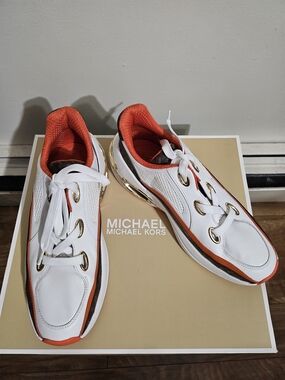 Michael Kors Women’s White and Orange Low-Top Sneakers with Gold Eyelets